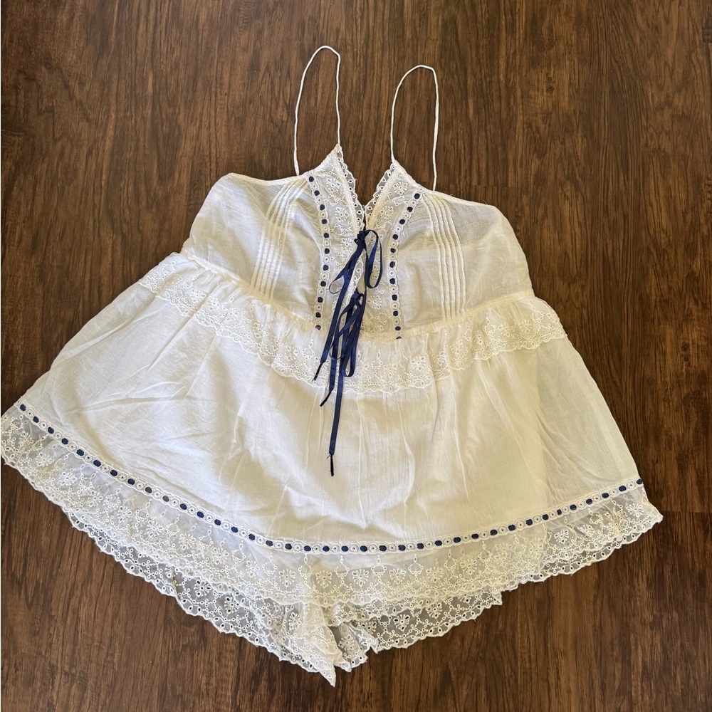 Free People White and Blue Lace Trim romper - Picture 3 of 9